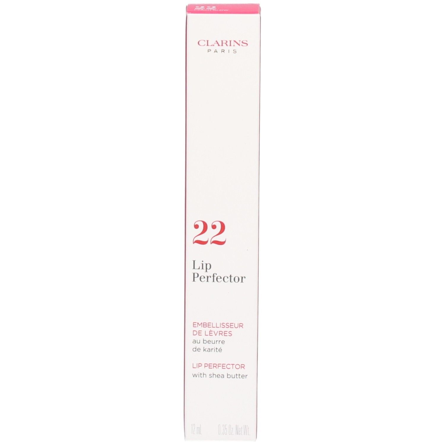 Emballage extérieur Clarins Lip Perfector avec informations produit et QR code.