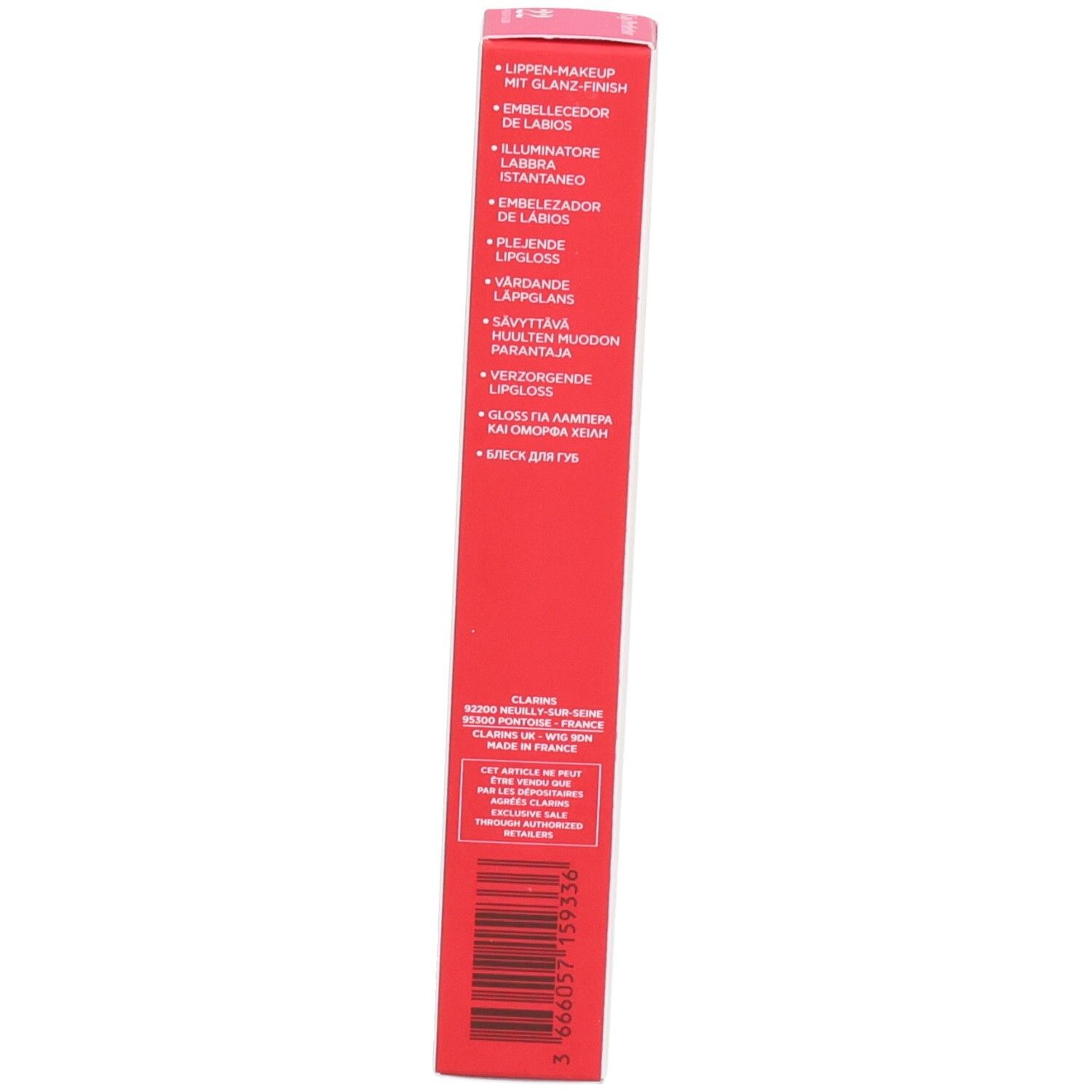 Emballage extérieur Clarins Lip Perfector, côté avec descriptions produit en plusieurs langues.