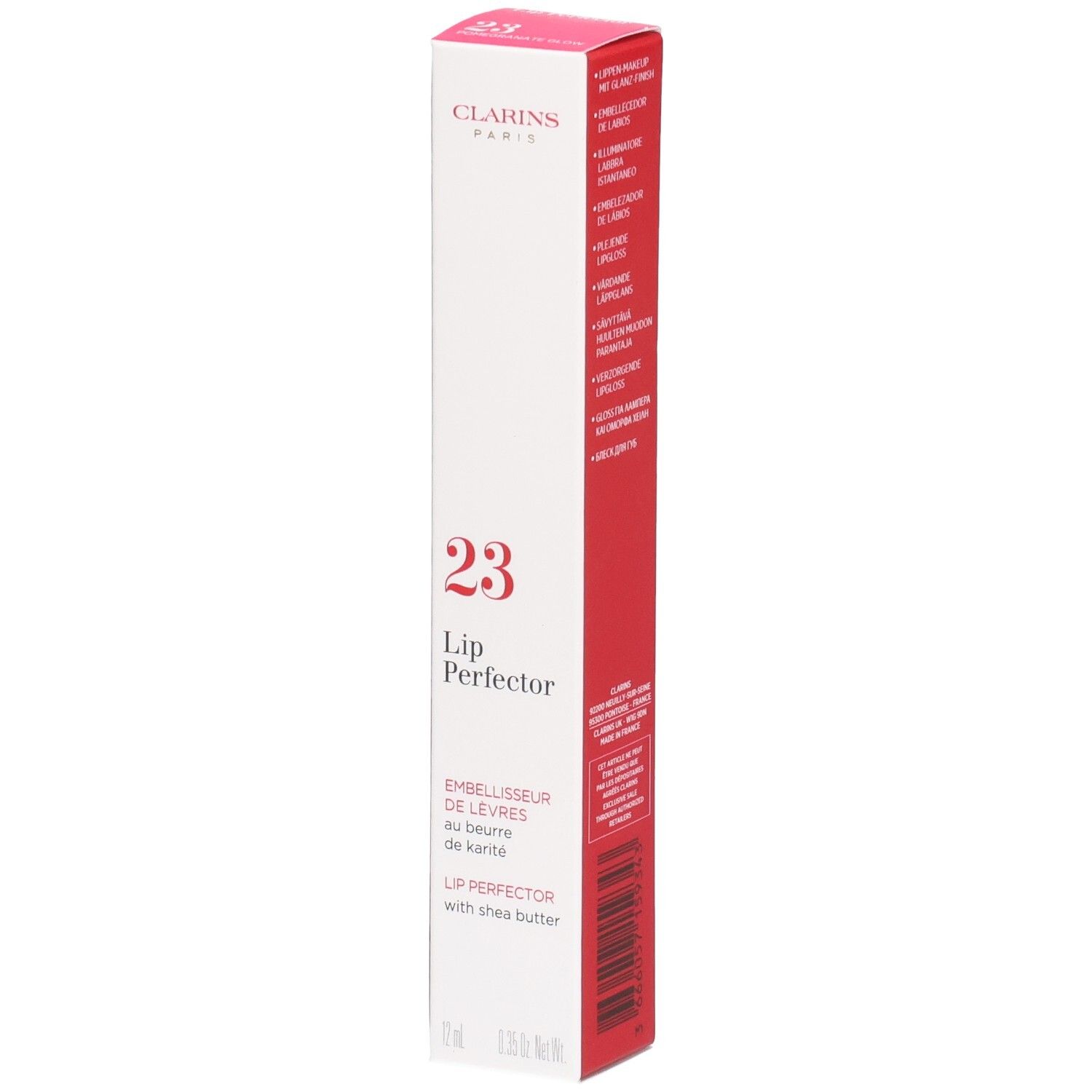 Clarins Lip Perfector 23 emballage extérieur avec informations produit et code-barres.