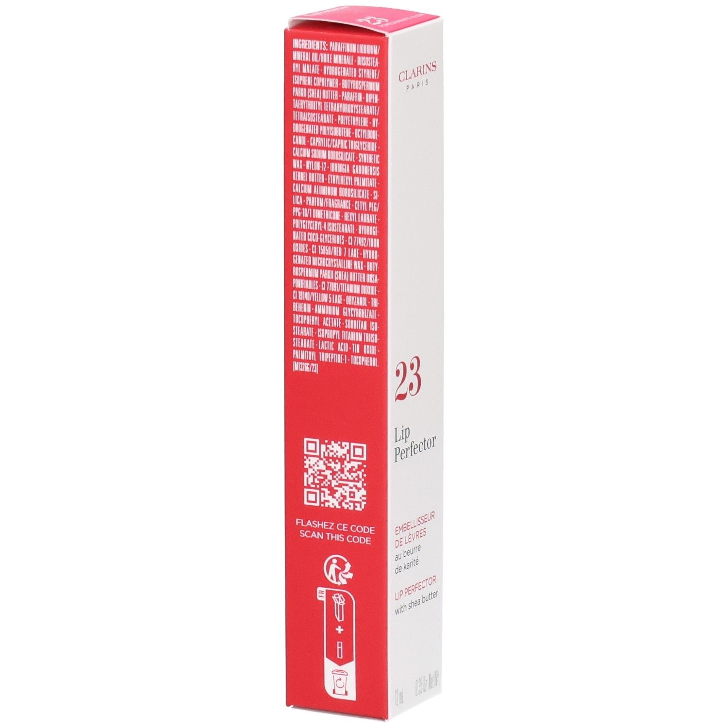 Clarins Lip Perfector 23 emballage extérieur avec ingrédients, QR code et instructions d'utilisation.