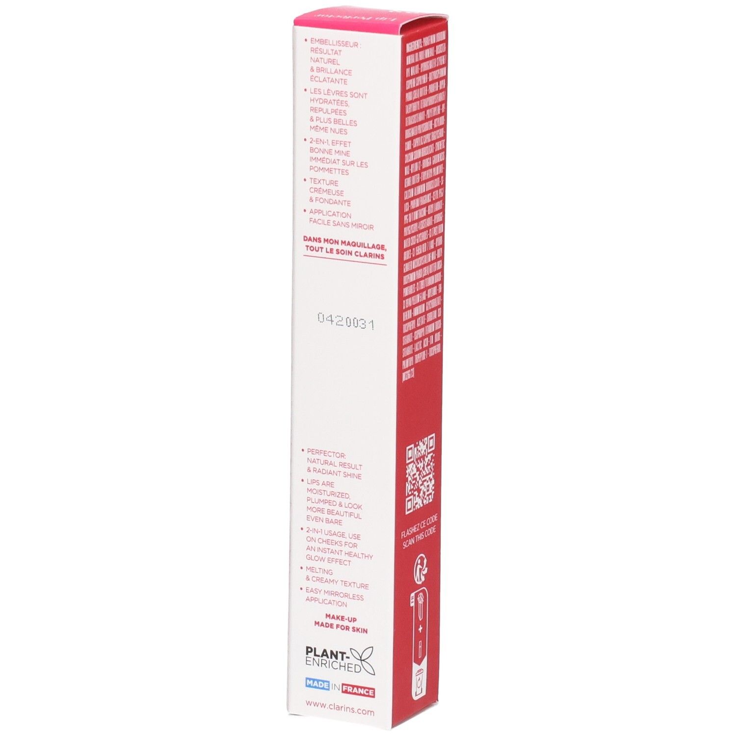 Clarins Lip Perfector 23 emballage extérieur avec avantages produit et indication d'origine.
