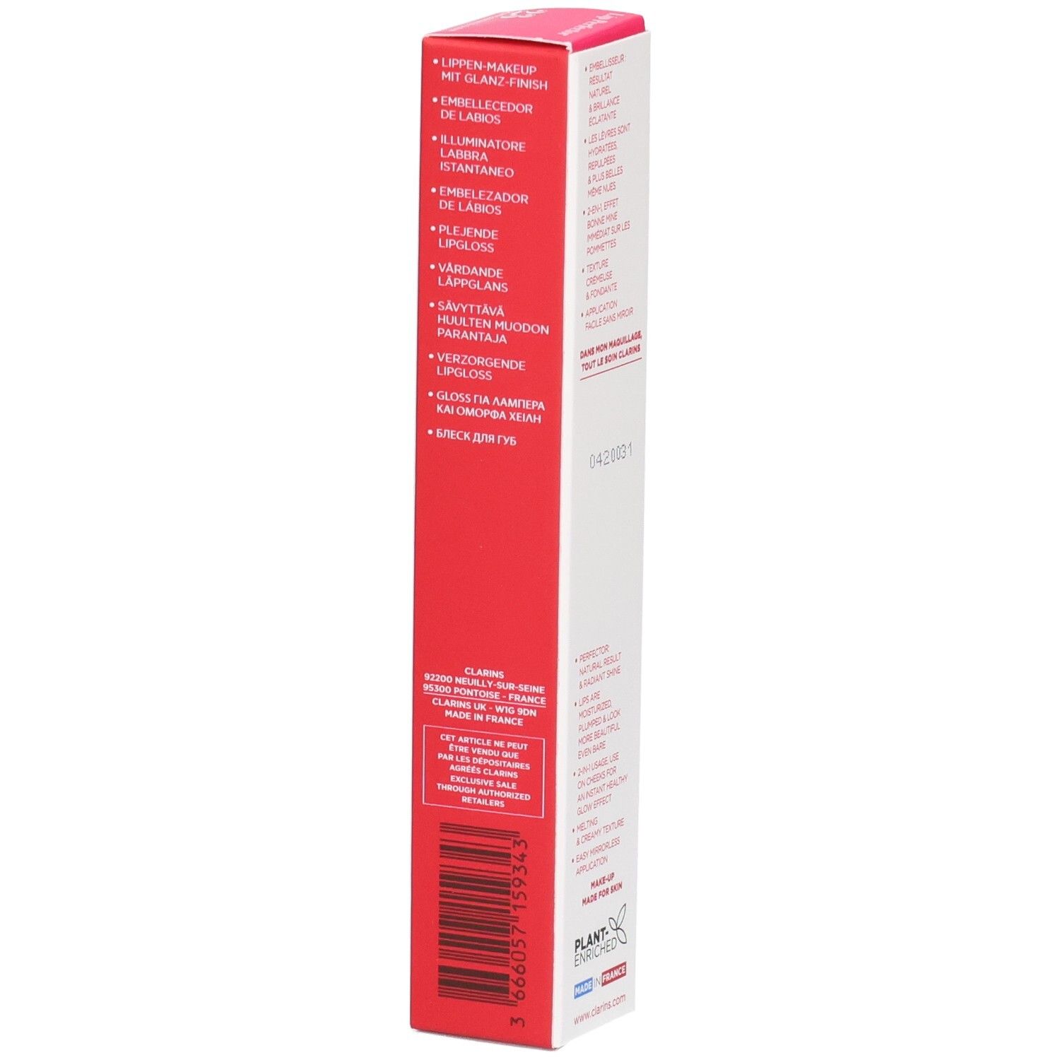 Clarins Lip Perfector 23 emballage extérieur avec description produit multilingue et code-barres.
