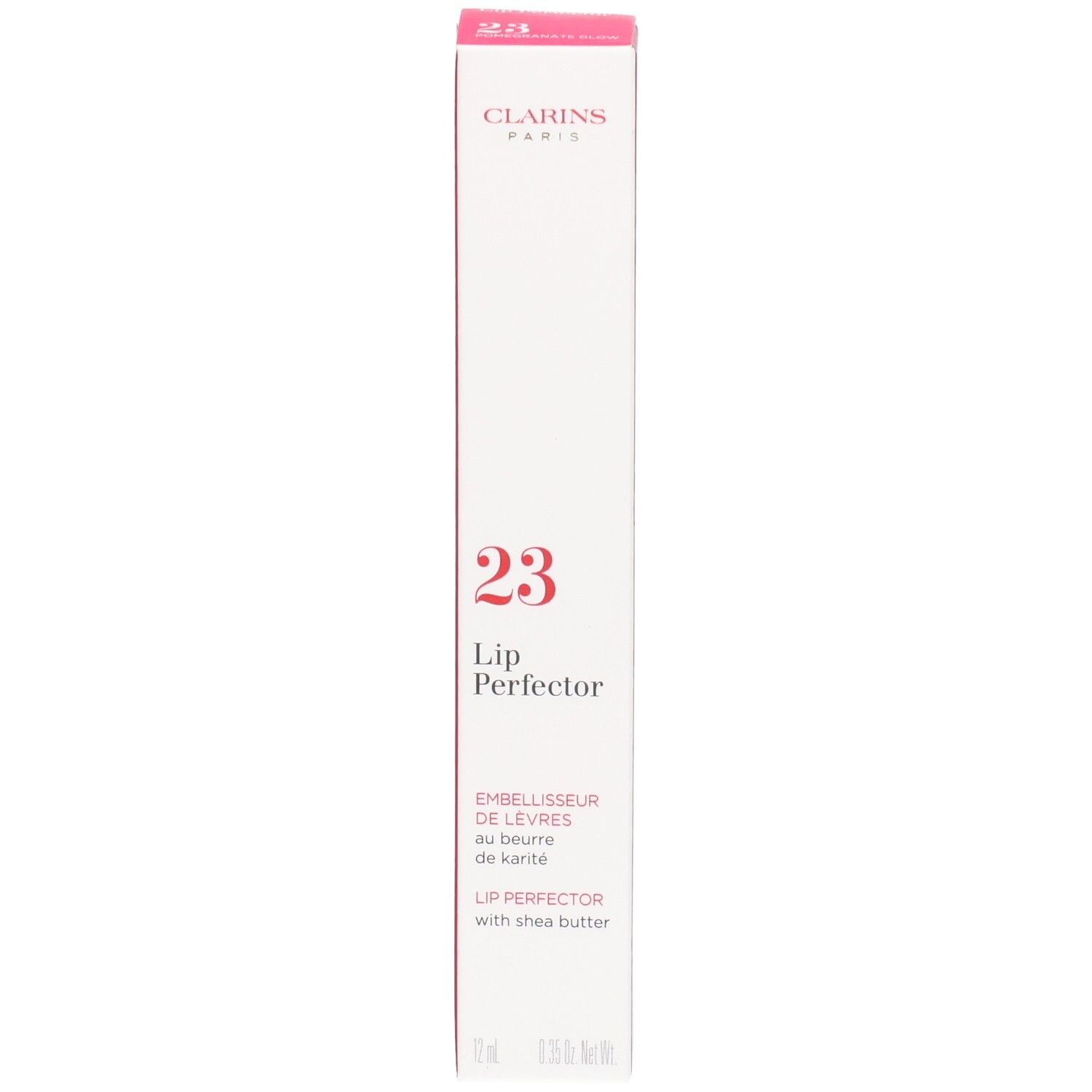 Clarins Lip Perfector 23 emballage extérieur avec informations produit, numéro 23 et marque.