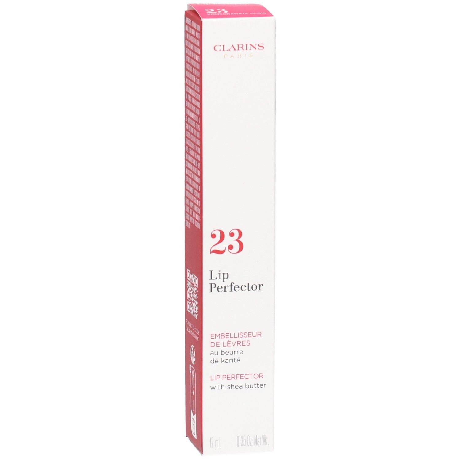 Clarins Lip Perfector 23 emballage extérieur avec informations produit, numéro 23 et marque.