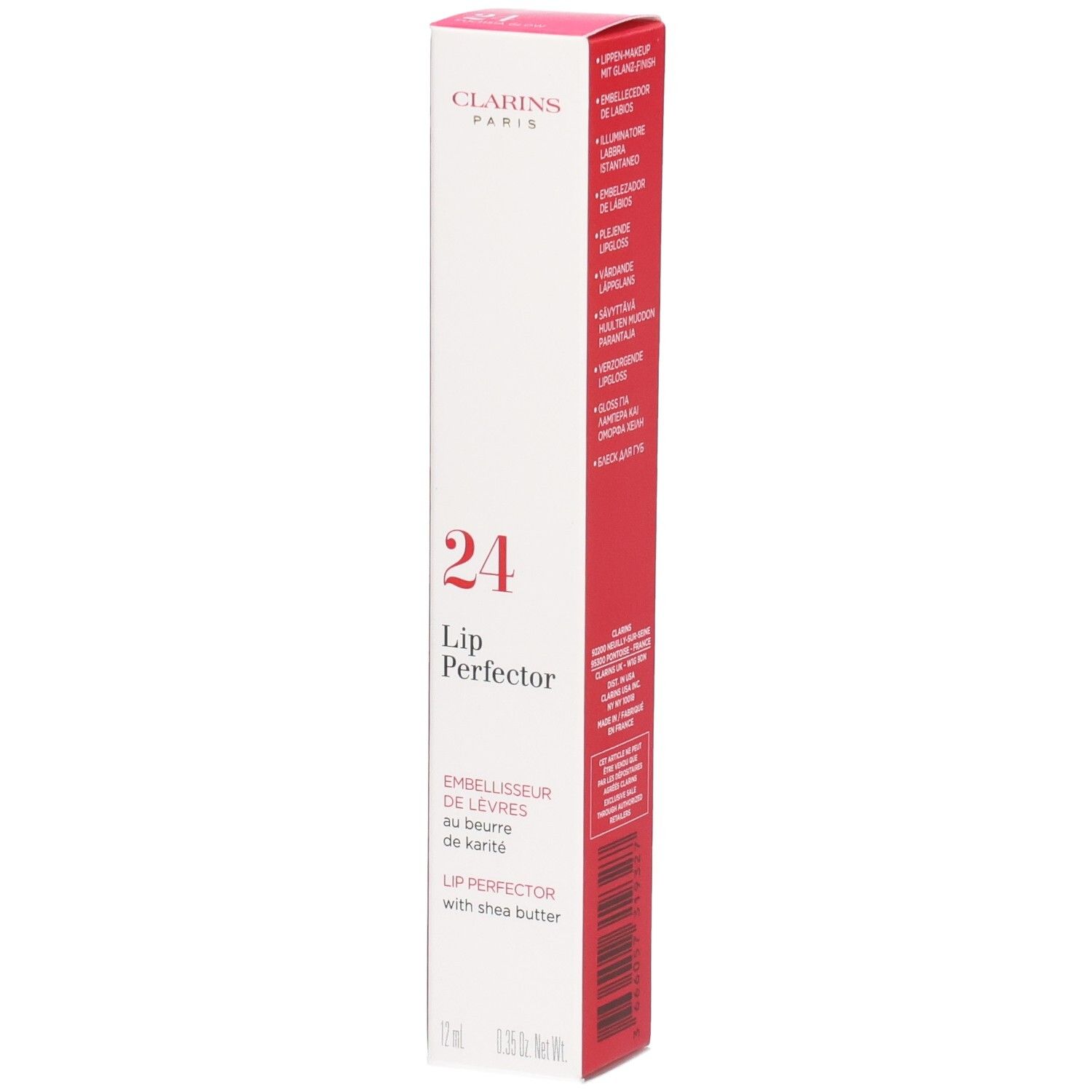 Emballage Clarins Lip Perfector 24h au beurre de karité. Boîte rouge et blanche avec informations produit.