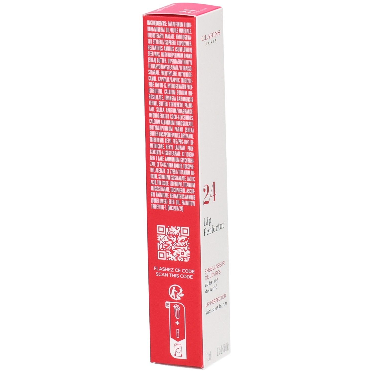 Clarins Lip Perfector 24h emballage verso avec ingrédients et QR code. Boîte rouge et blanche.