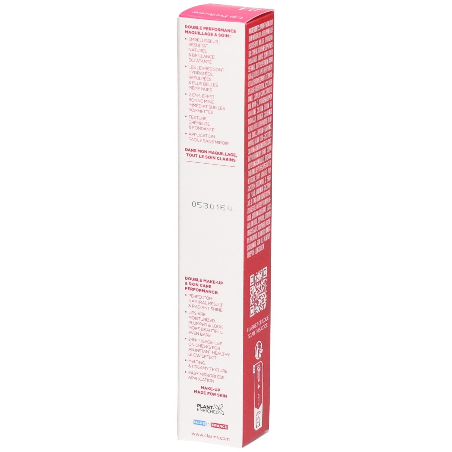 Clarins Lip Perfector 24h emballage côté avec avantages produit et code-barres. Boîte rouge et blanche.