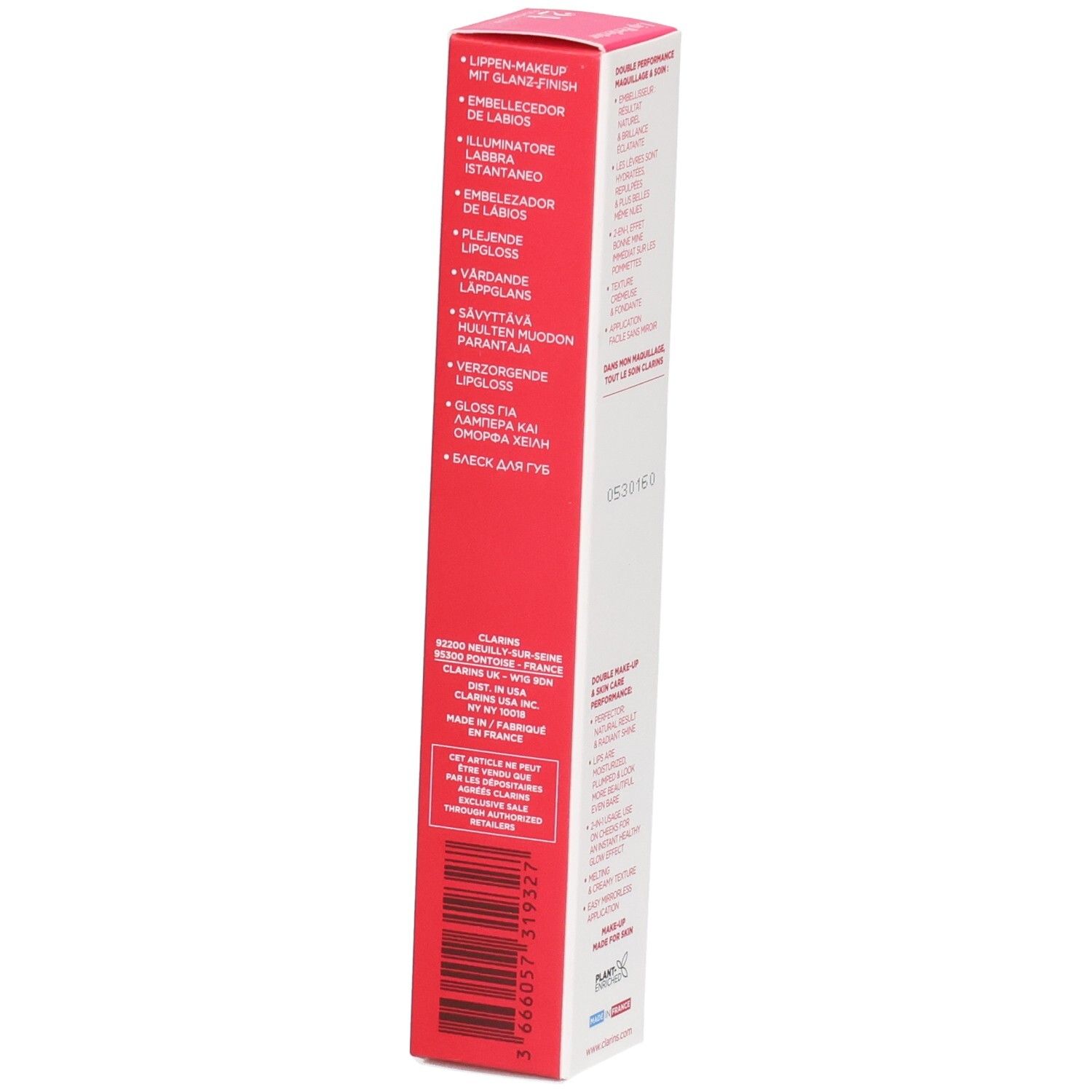 Clarins Lip Perfector 24h emballage côté avec descriptions produit multilingues. Boîte rouge et blanche.