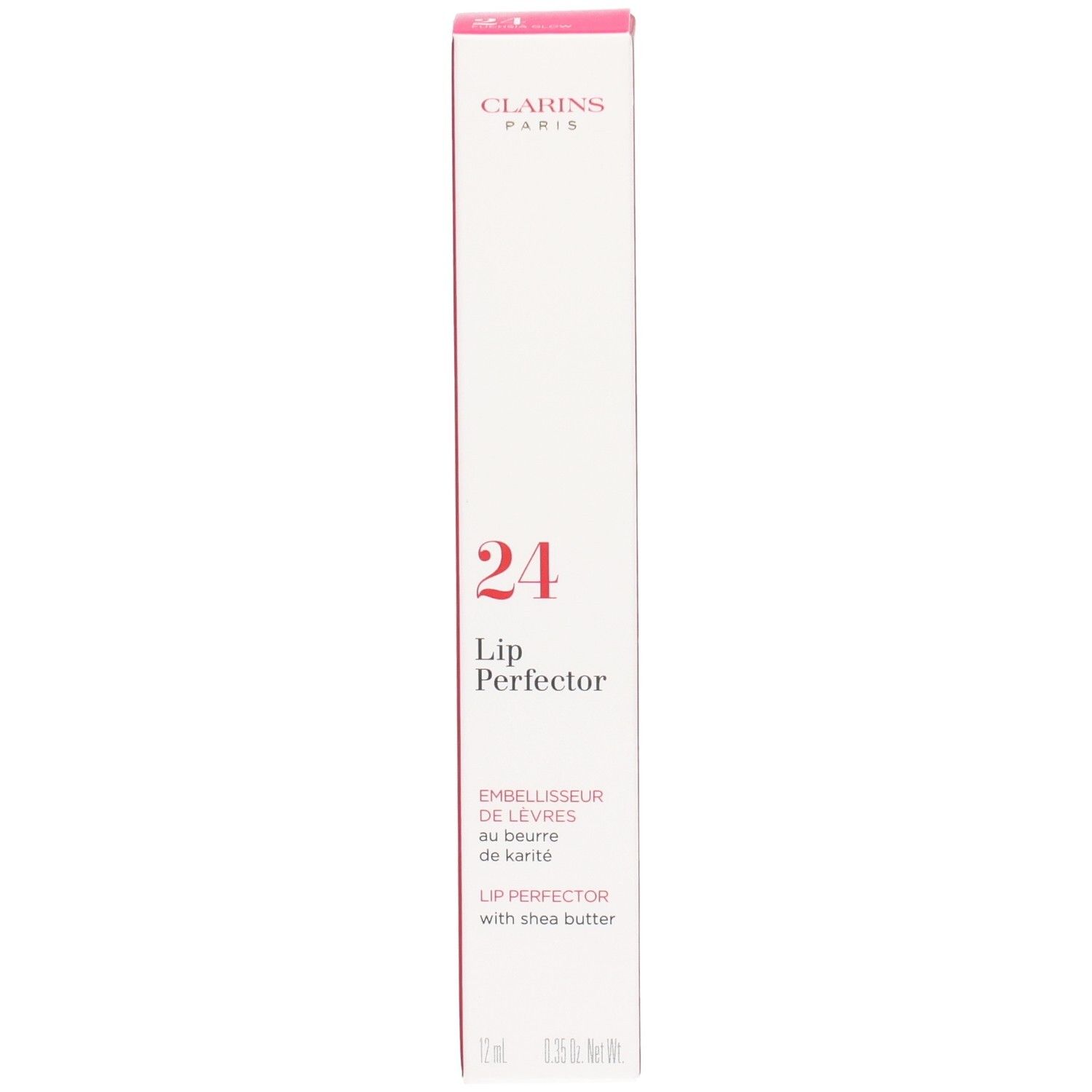 Clarins Lip Perfector 24h emballage face avant avec nom produit et mention beurre de karité. Boîte rouge et blanche.