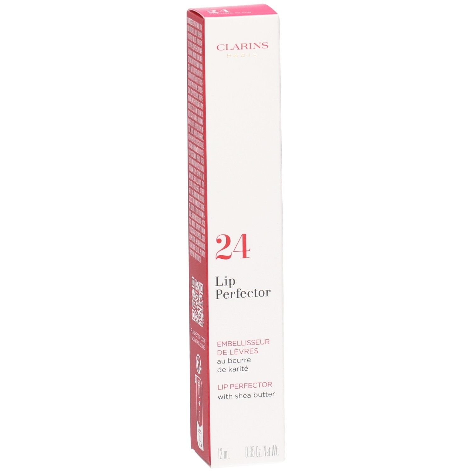 Clarins Lip Perfector 24h emballage face avant avec nom produit et mention beurre de karité. Boîte rouge et blanche.