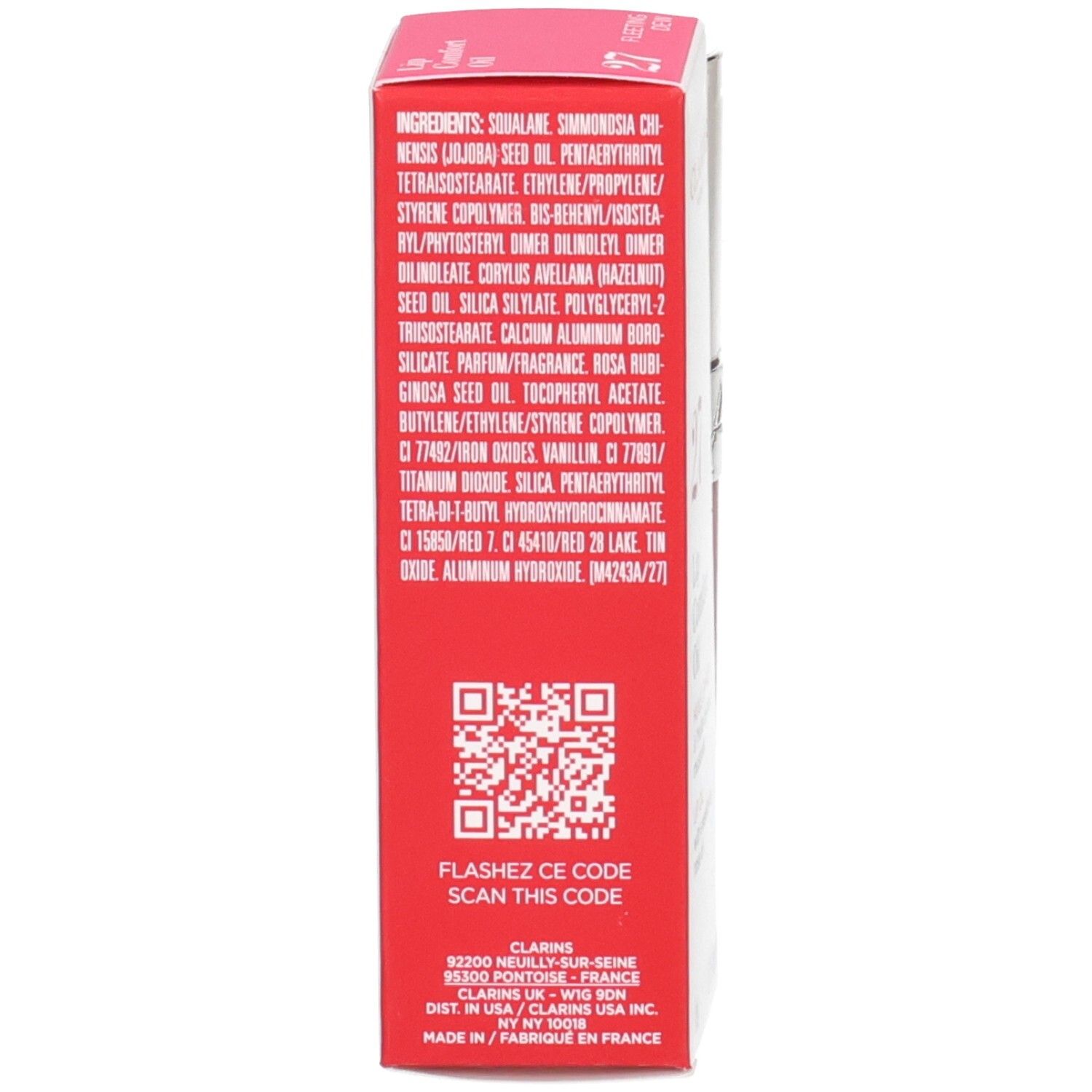Arrière de l'emballage Clarins Lip Comfort Oil avec ingrédients et code QR.
