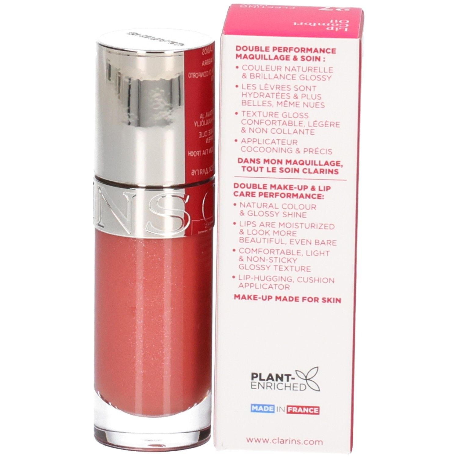Flacon et emballage Clarins Lip Comfort Oil avec avantages produit en français.