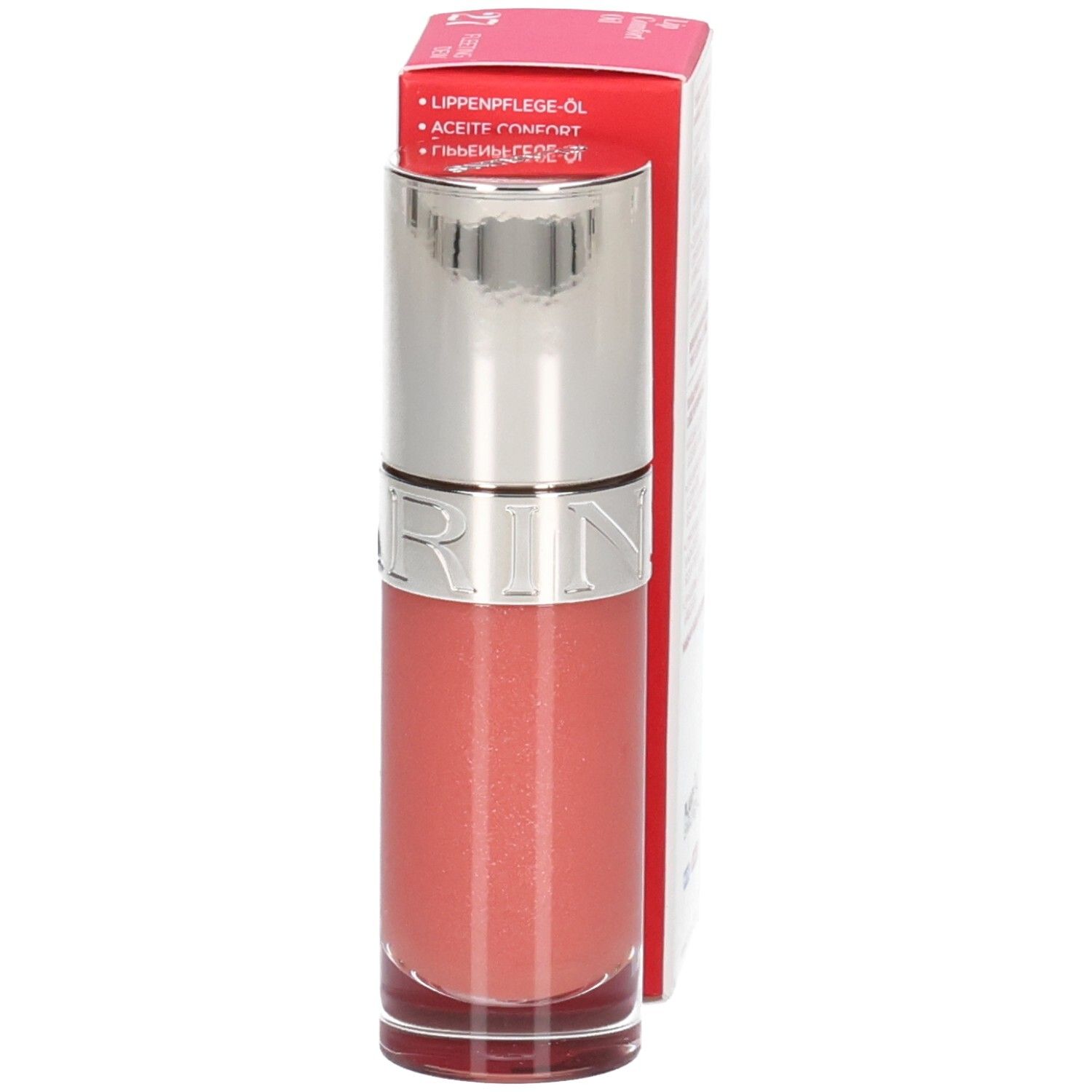 Flacon et emballage Clarins Lip Comfort Oil avec informations produit en allemand.