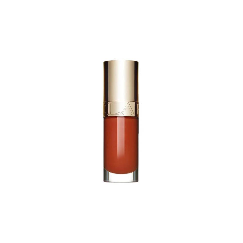 Clarins Lip Comfort Oil Rosy Grace. Applicateur d'huile à lèvres rouge avec capuchon doré.