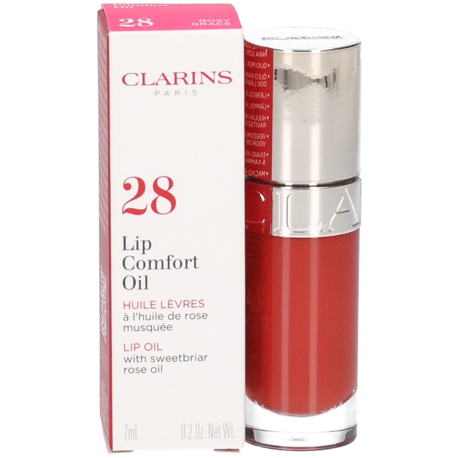 Clarins Lip Comfort Oil N°28 Rosy Grace. Huile à lèvres rouge dans flacon verre, bouchon argenté et boîte.
