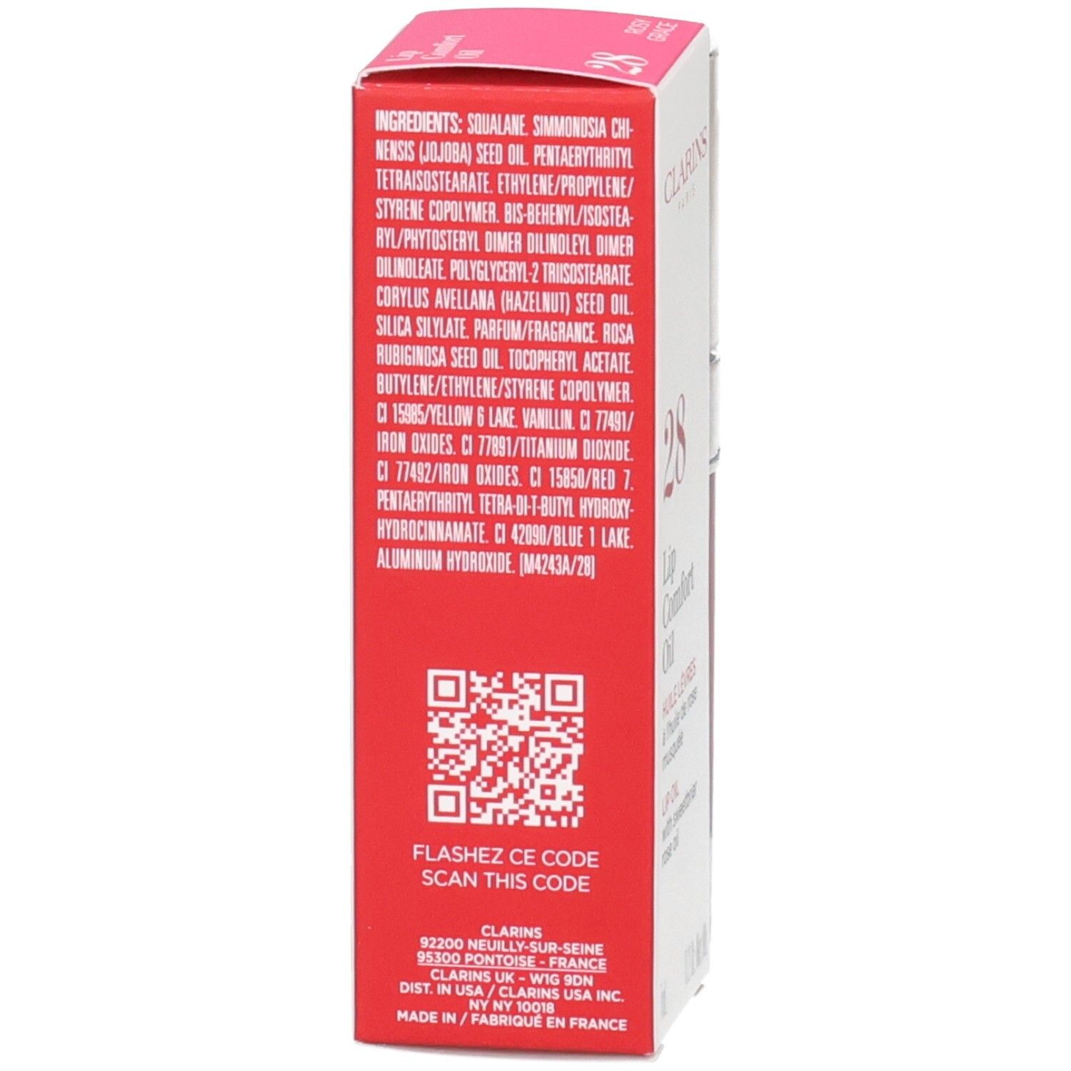 Clarins Lip Comfort Oil N°28 Rosy Grace. Arrière de la boîte avec ingrédients et code QR.