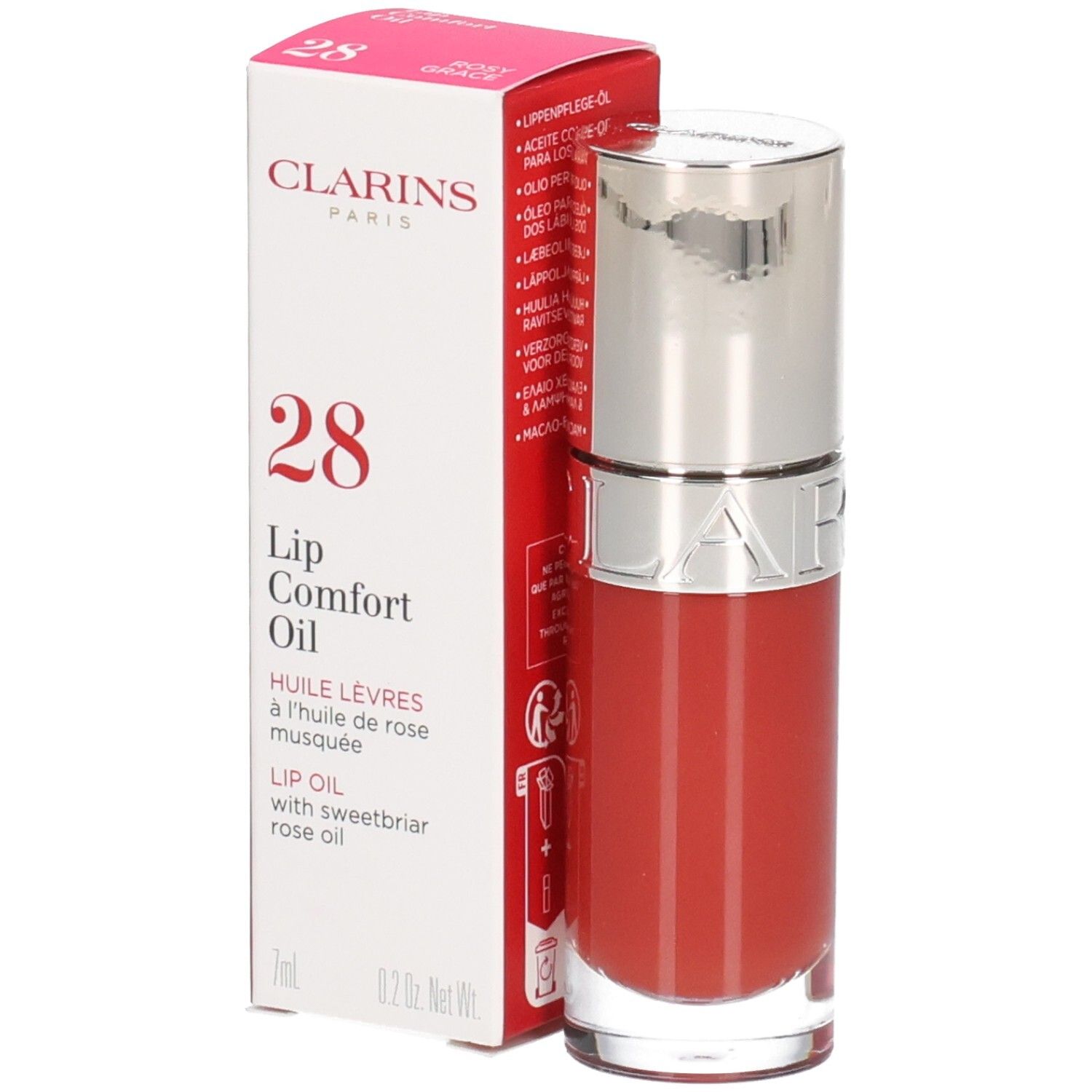 Clarins Lip Comfort Oil N°28 Rosy Grace. Huile à lèvres rouge dans flacon verre, bouchon argenté et boîte.