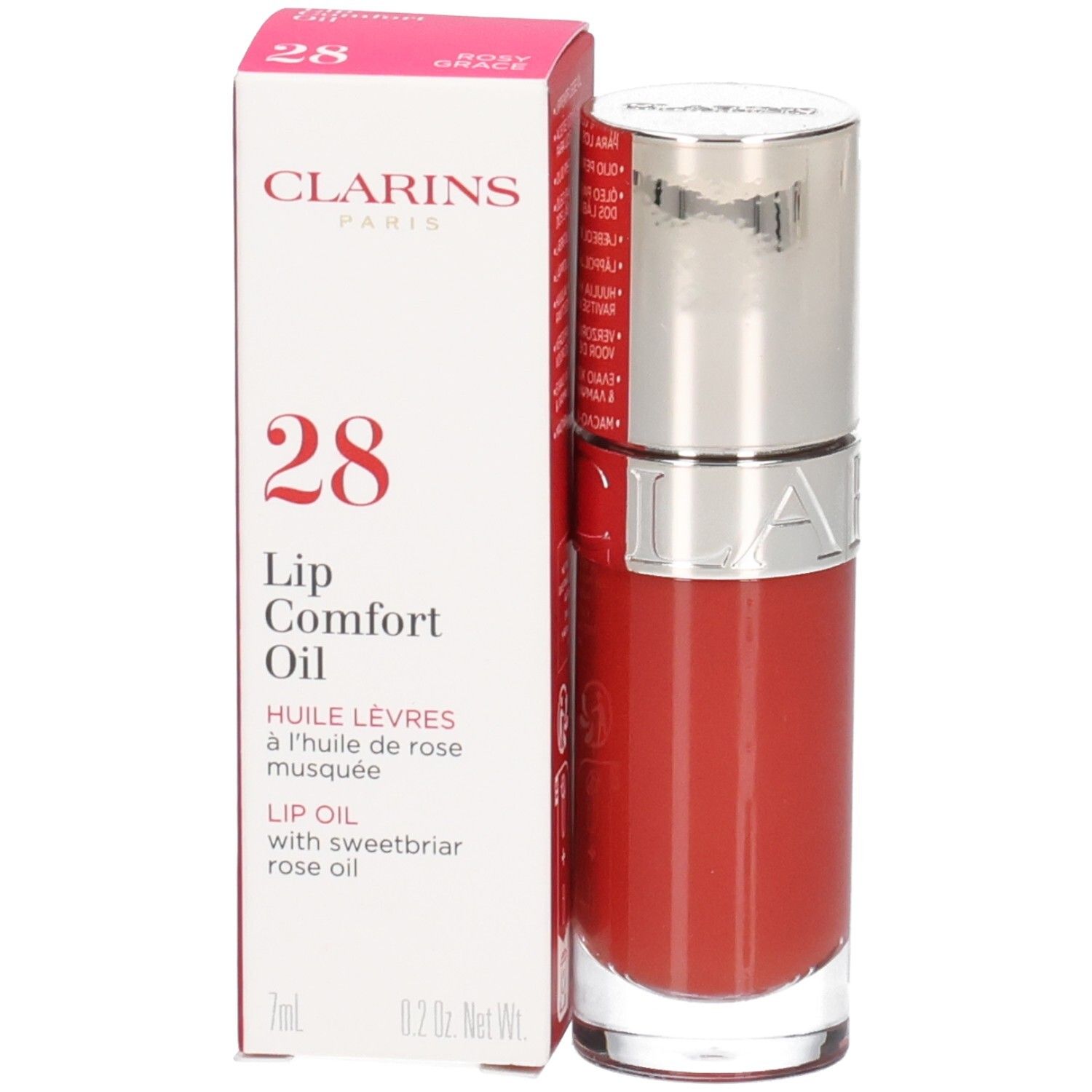 Clarins Lip Comfort Oil N°28 Rosy Grace. Huile à lèvres rouge dans flacon verre, bouchon argenté et boîte.