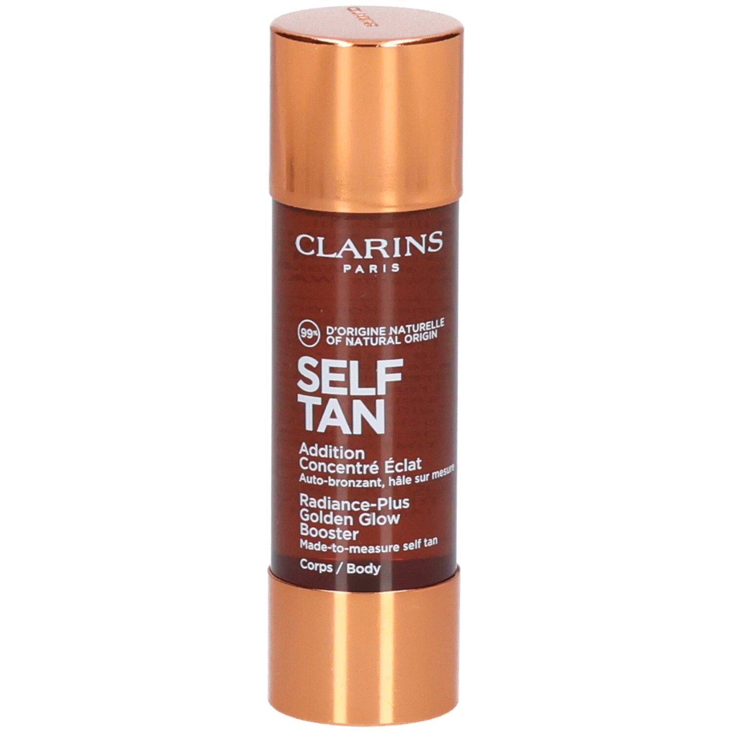 Clarins Self Tan Addition Concentré Éclat pour le corps, booster d'éclat doré.