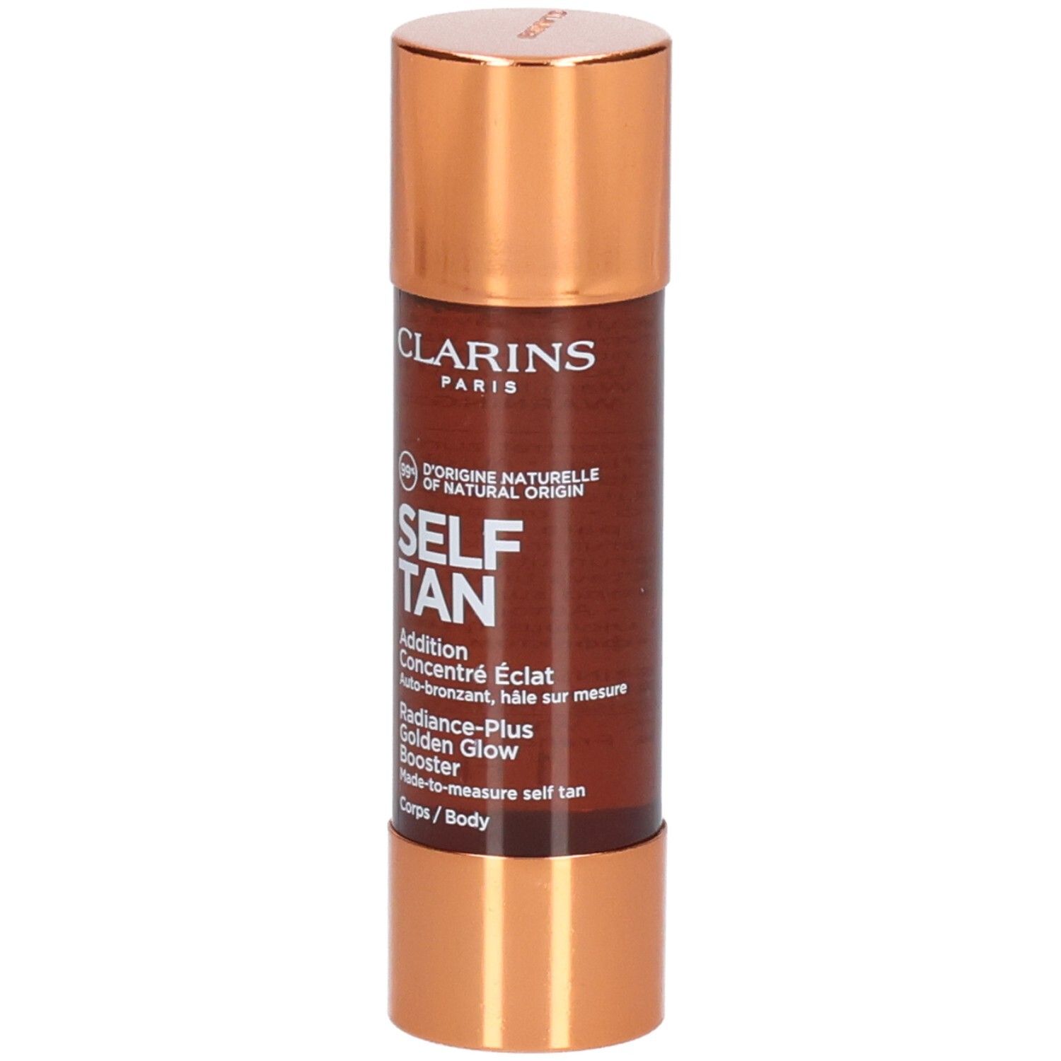 Clarins Self Tan Addition Concentré Éclat pour le corps, booster d'éclat doré.