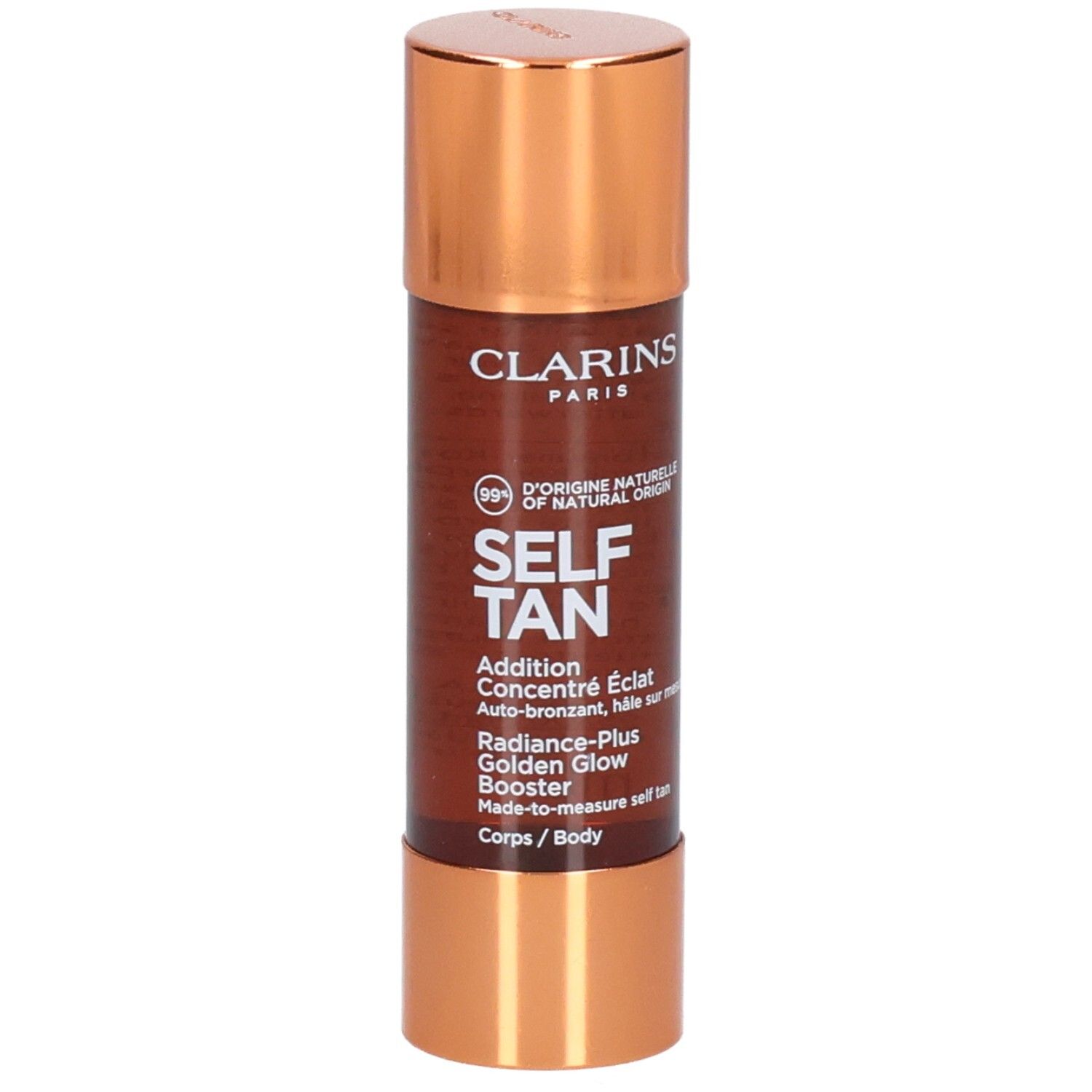 Clarins Self Tan Addition Concentré Éclat pour le corps, booster d'éclat doré.