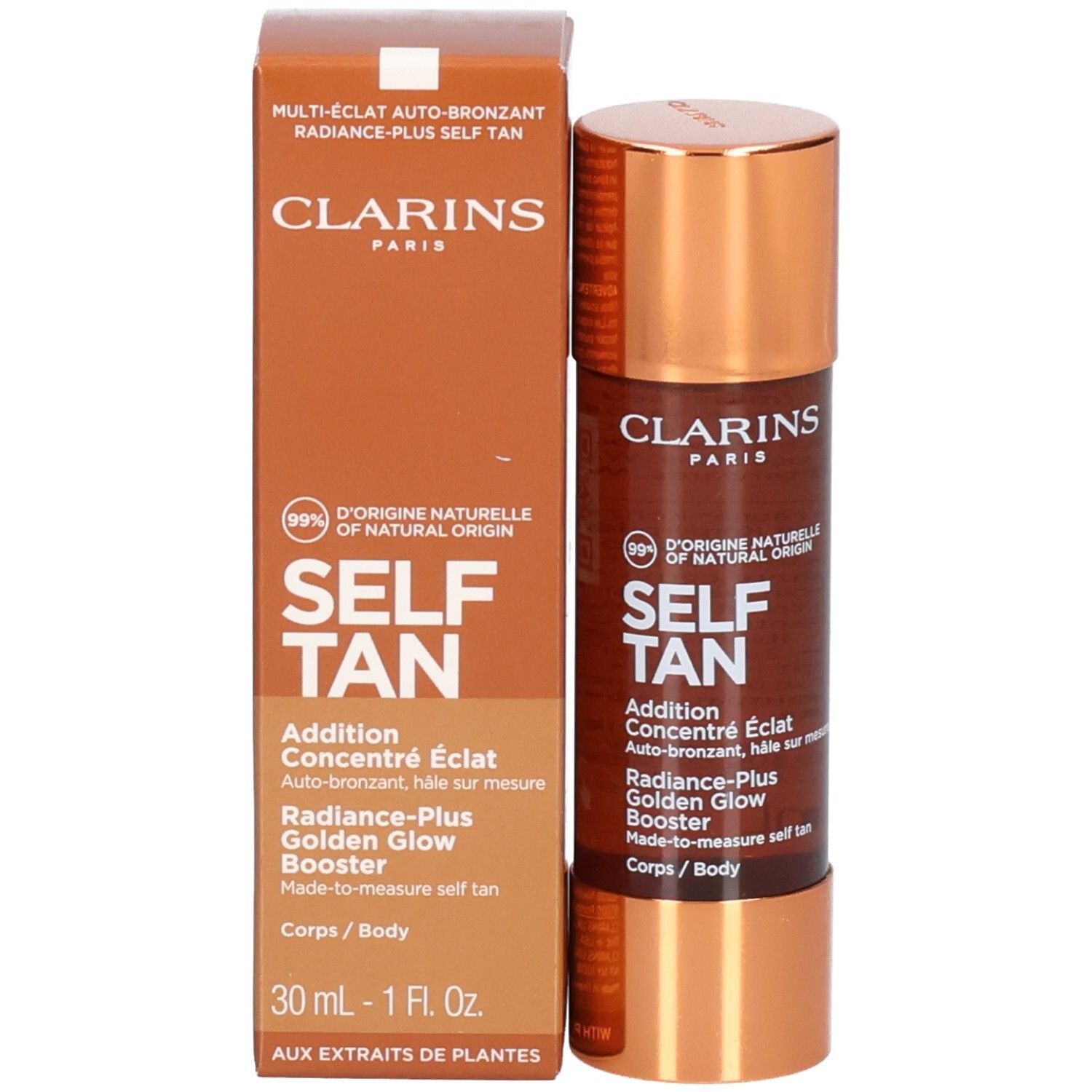 Clarins Self Tan Addition Concentré Éclat corps et emballage, 30 ml.
