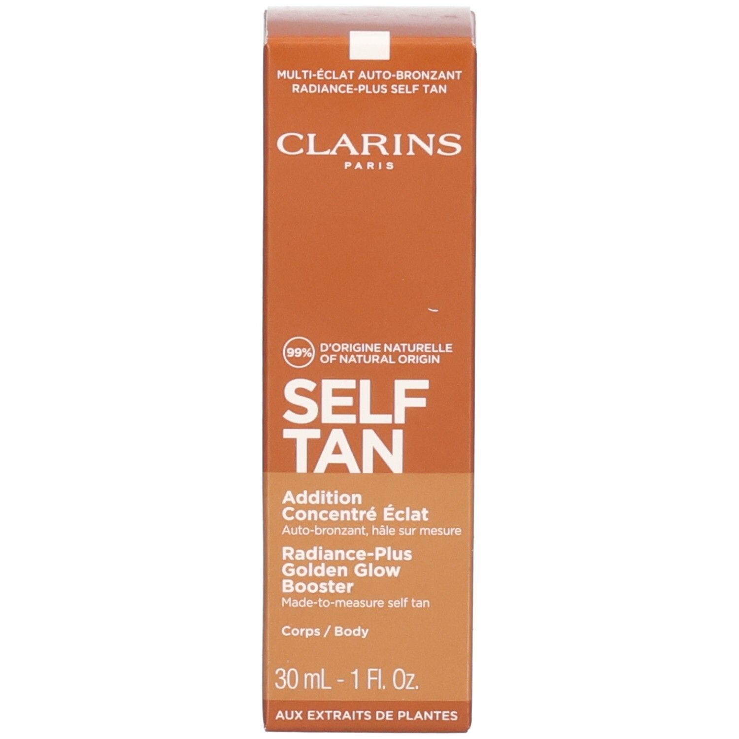 Clarins Self Tan Addition Concentré Éclat corps et emballage, 30 ml.