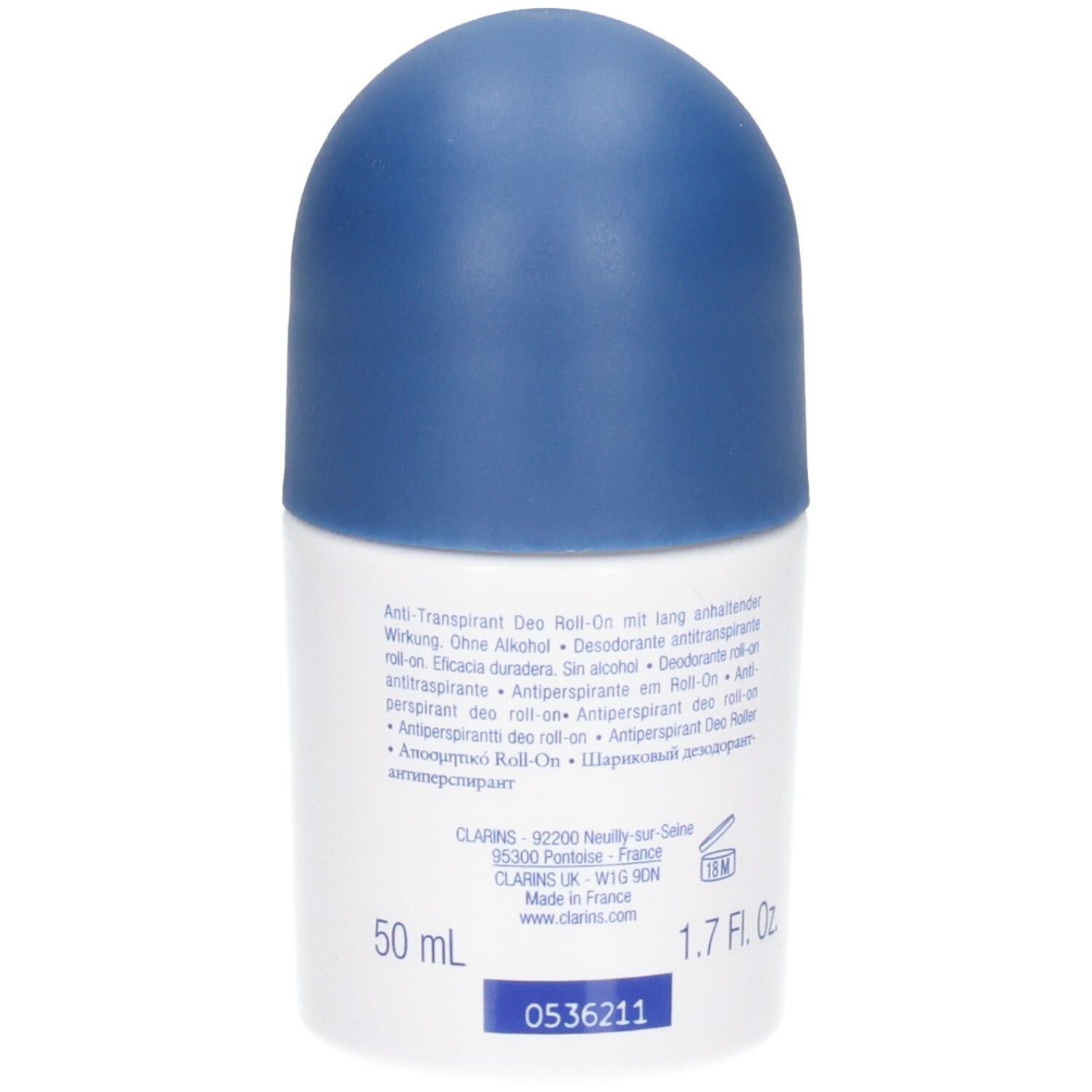 Clarins Men Roll-On Anti-Transpirant, verso avec instructions et indication 50 ml.