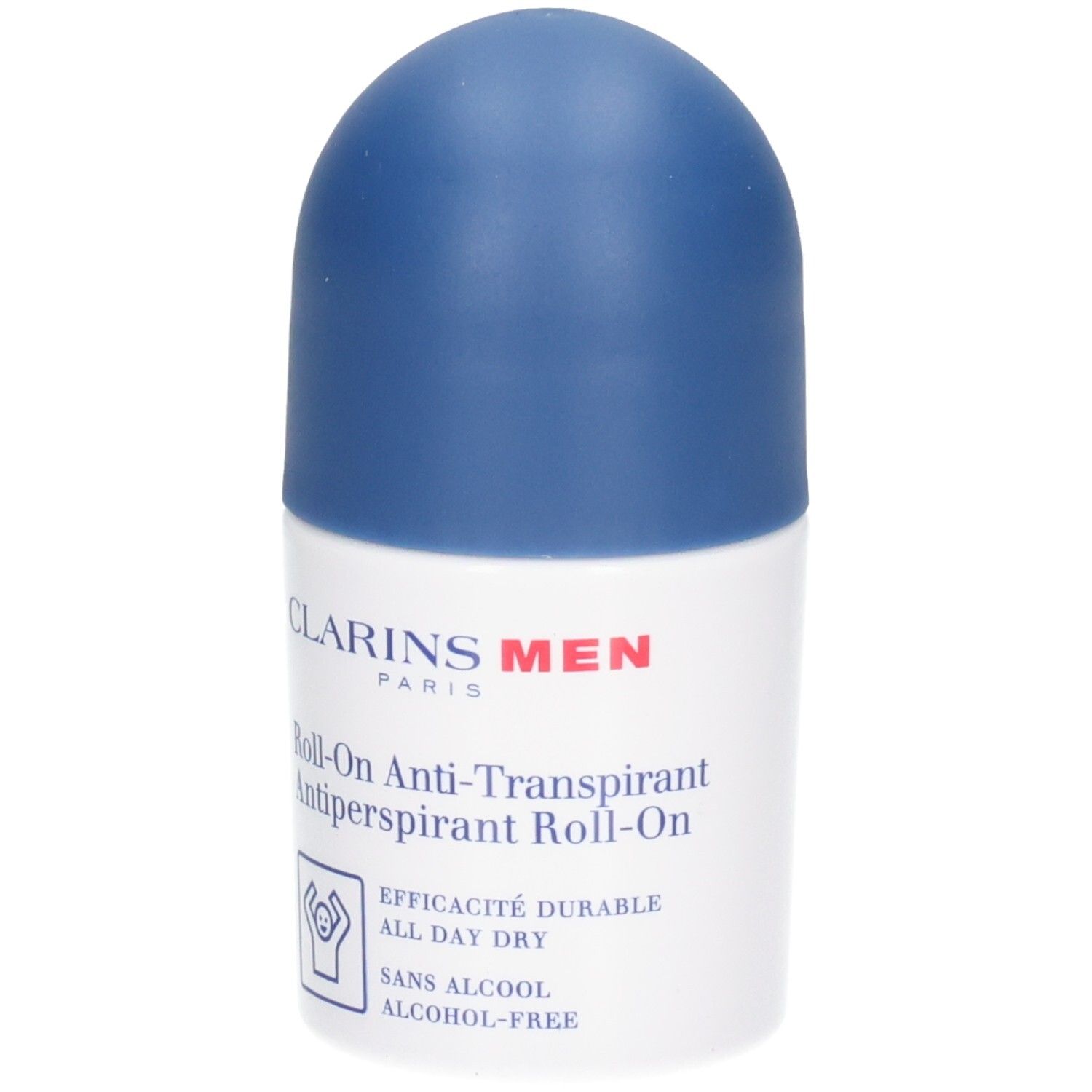 Clarins Men Roll-On Anti-Transpirant avec bouchon bleu. "Efficacité durable ALL DAY DRY".