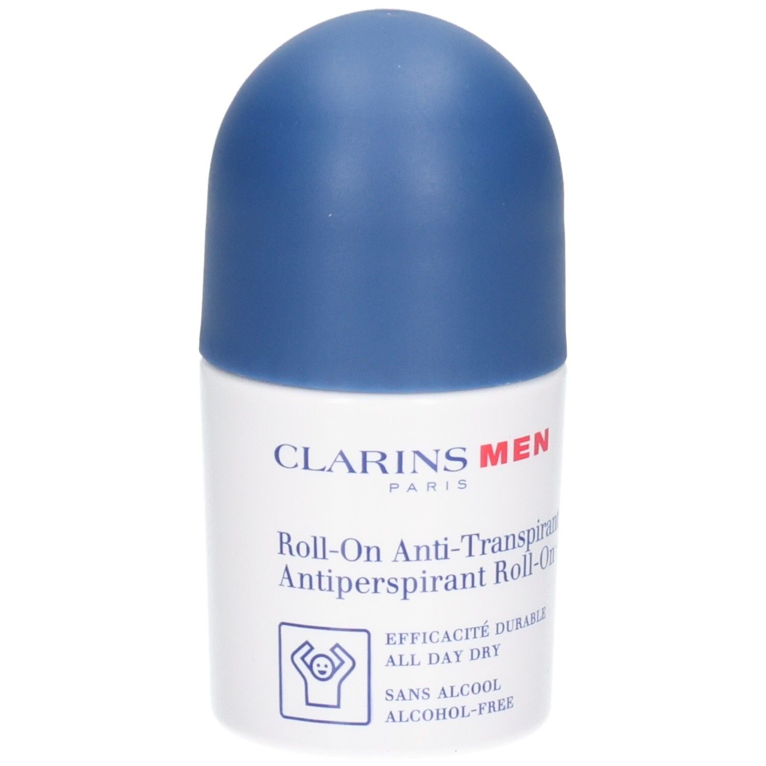 Clarins Men Roll-On Anti-Transpirant, flacon blanc avec capuchon bleu. "SANS ALCOOL".