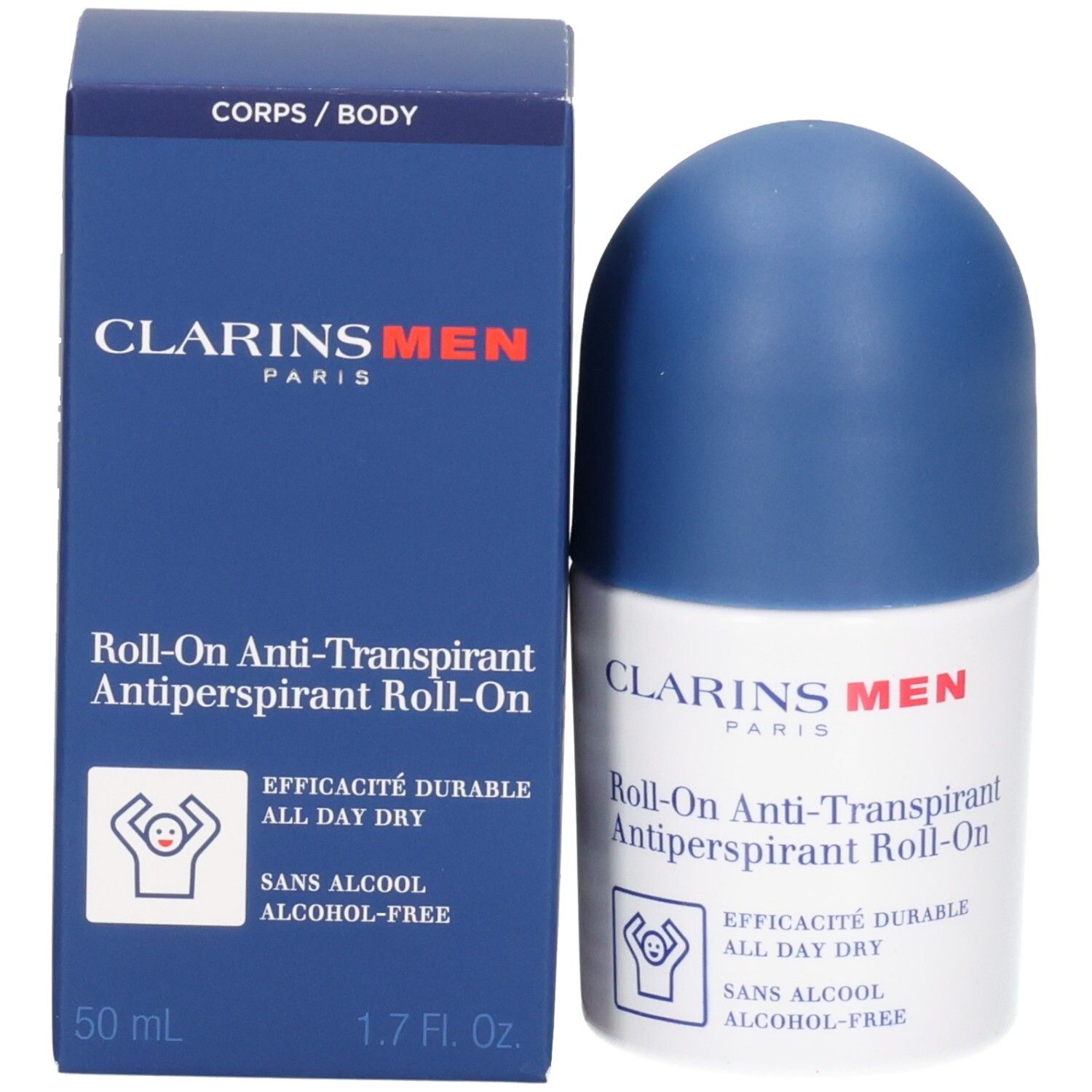 Clarins Men Roll-On Anti-Transpirant et son emballage. Logo "CLARINS MEN" visible.