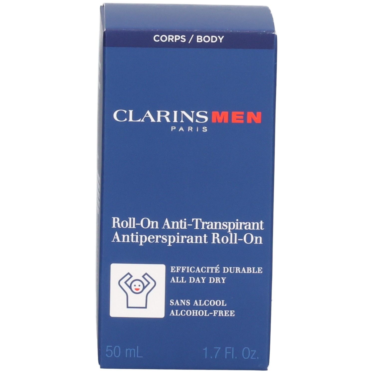 Emballage Clarins Men Roll-On Anti-Transpirant. Indication "CORPS / BODY" et "50 ml".