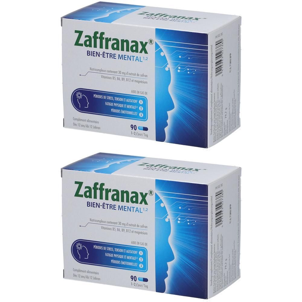 Deux boîtes blanches Zaffranax. Logo et texte en bleu. Profil d'une personne. 90 gélules.