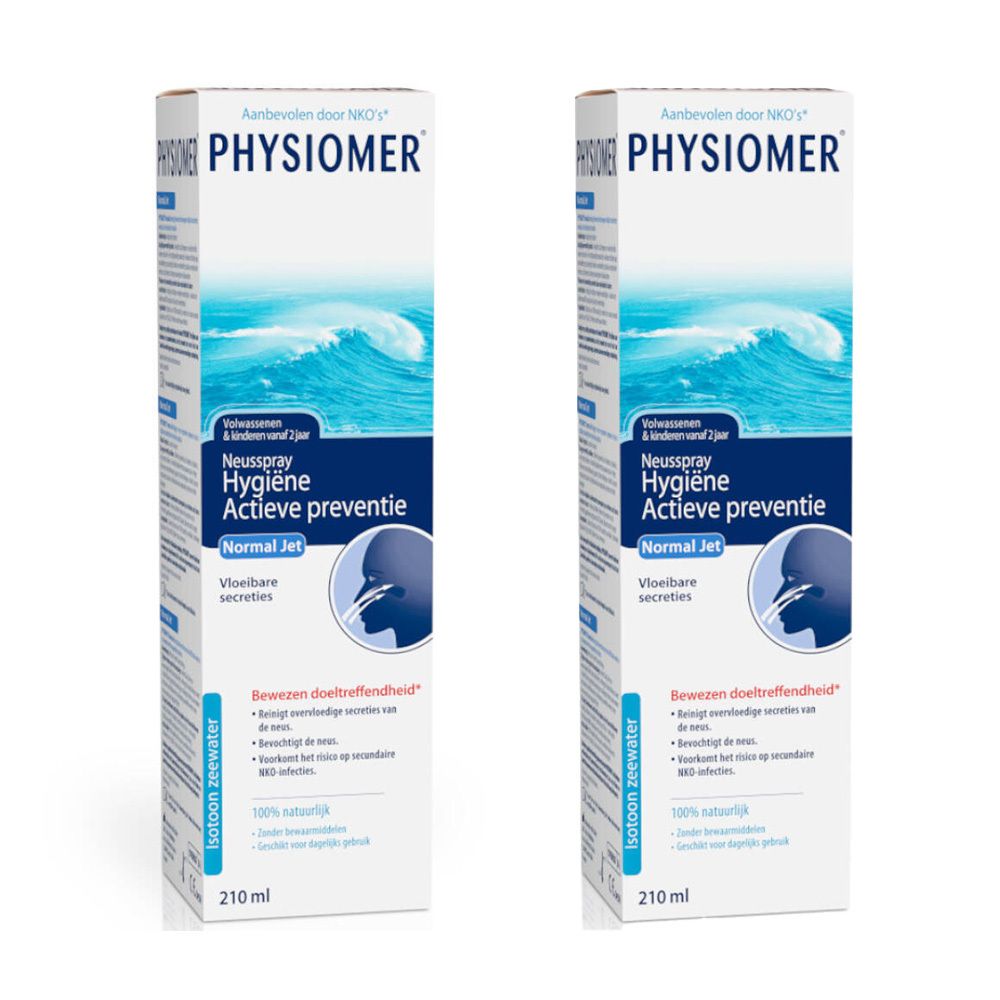 Deux boîtes de Physiomer. Boîtes blanches avec graphique bleu. Texte: Neusspray Hygiène Active prévention.