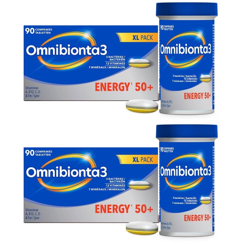 Deux boîtes et deux flacons d'Omnibionta3. Emballage bleu avec comprimés blancs. Contient bactéries, vitamines et minéraux.