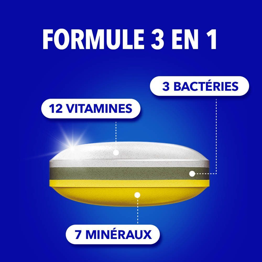 Représentation d'un comprimé avec 12 vitamines, 7 minéraux et 3 bactéries.