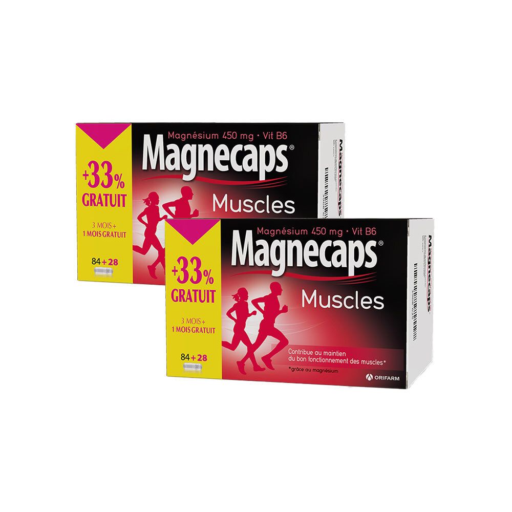 Deux boîtes de MAGNECAPS. Inscription : +33% gratuit, Magnésium 450 mg + Vit B6, Muscles. Illustration de coureurs rouges.
