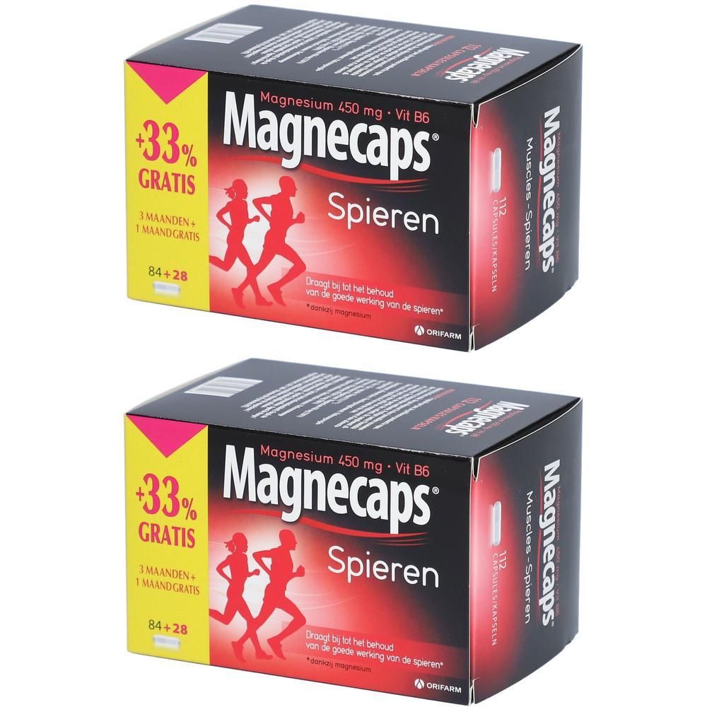 Deux boîtes de Magnecaps Muscles avec symboles de course et mention 33% Gratuit.
