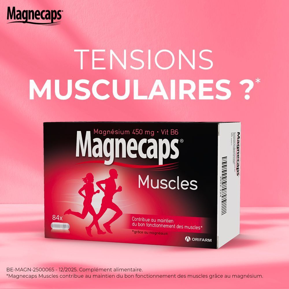 Deux boîtes de Magnecaps Muscles. Inscription : 1+1 GRATUIT. Contient 84+28 gélules. Emballage rouge et jaune.