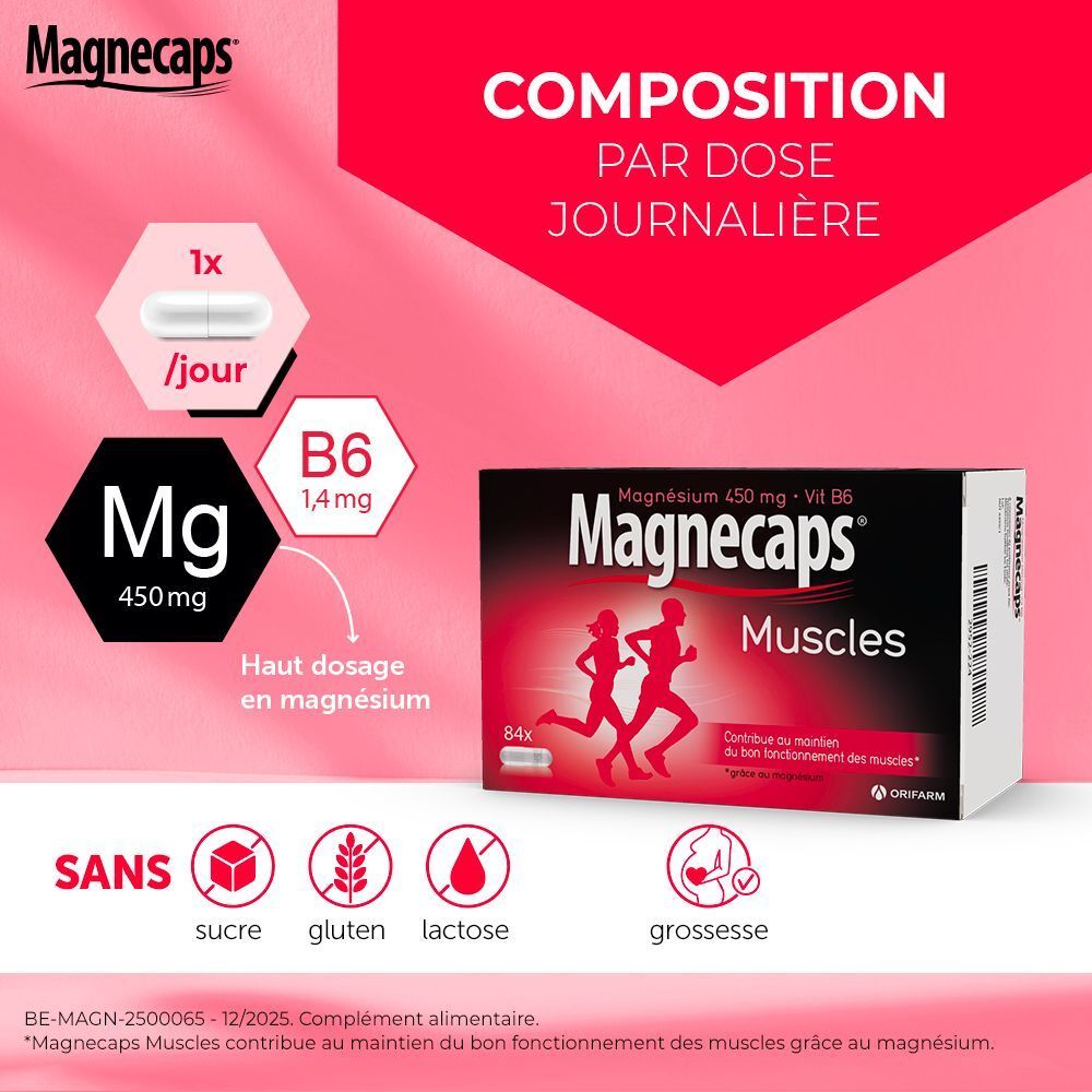 Boîte Magnecaps Muscles. Emballage rouge avec texte : Magnésium 450 mg + Vit B6. 84 gélules. Personne avec une jambe.
