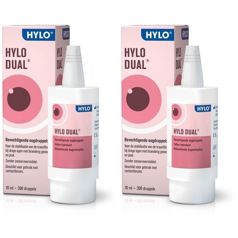 Deux flacons et emballages de gouttes oculaires Hylo-Dual. Flacons blancs avec bouchon blanc. Emballage rose avec illustration d'œil.