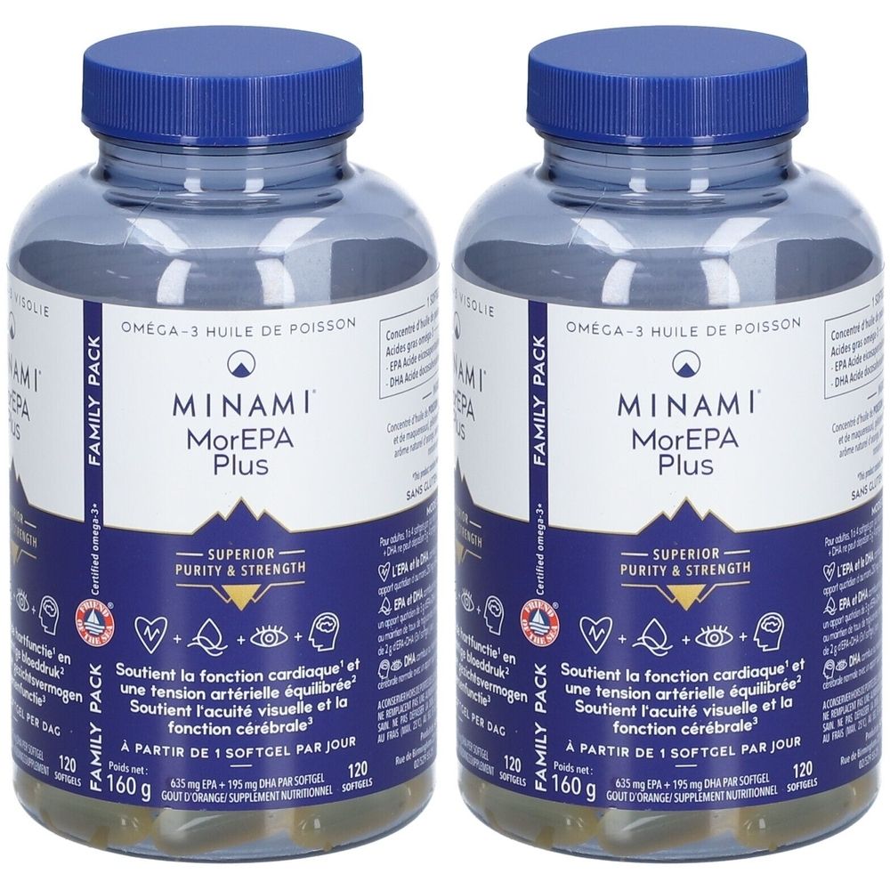 Deux flacons de MINAMI® MorEPA Plus. Bouchons bleus, contenants transparents avec gélules. Étiquette avec informations.