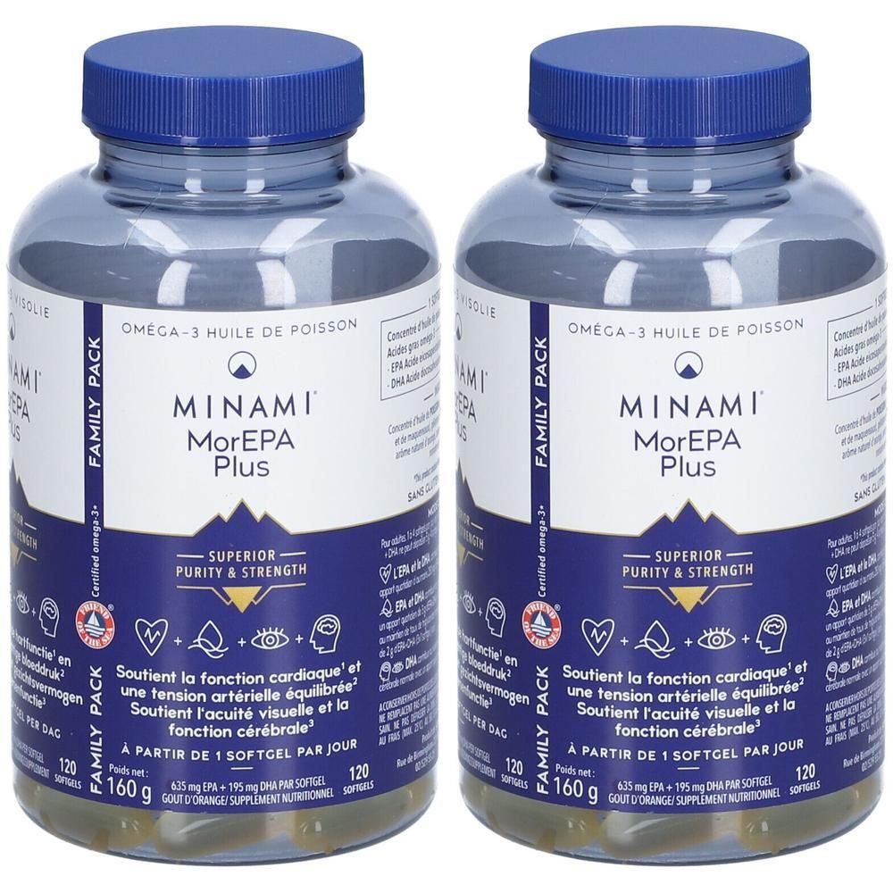 Deux flacons de MINAMI® MorEPA Plus. Bouchons bleus, contenants transparents avec gélules. Étiquette avec informations.