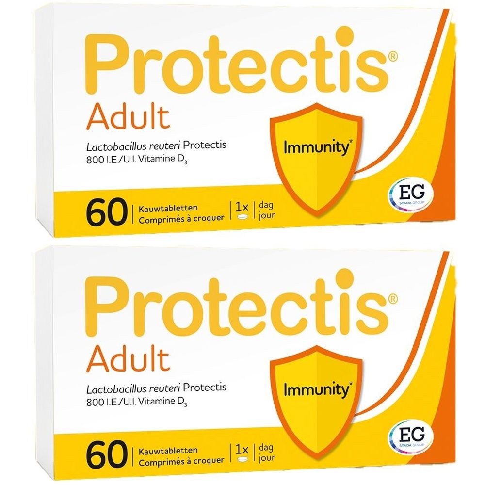 Deux boîtes de Protectis Adult. Inscription : Immunity, 60 comprimés à croquer. Contient Lactobacillus reuteri Protectis et vitamine D3.