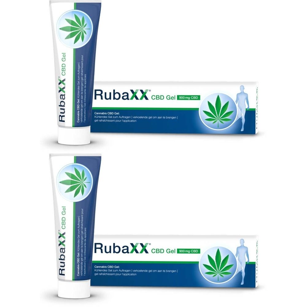 Tube et boîte RubaXX Cannabis CBD Gel avec symbole de feuille de chanvre et silhouette humaine.