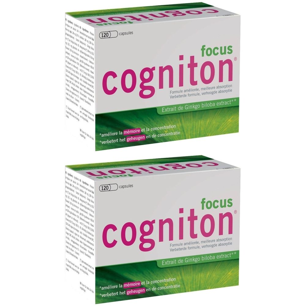 Deux boîtes de Cogniton Focus. Emballage blanc avec texte rose et accents verts. Contient 120 capsules.