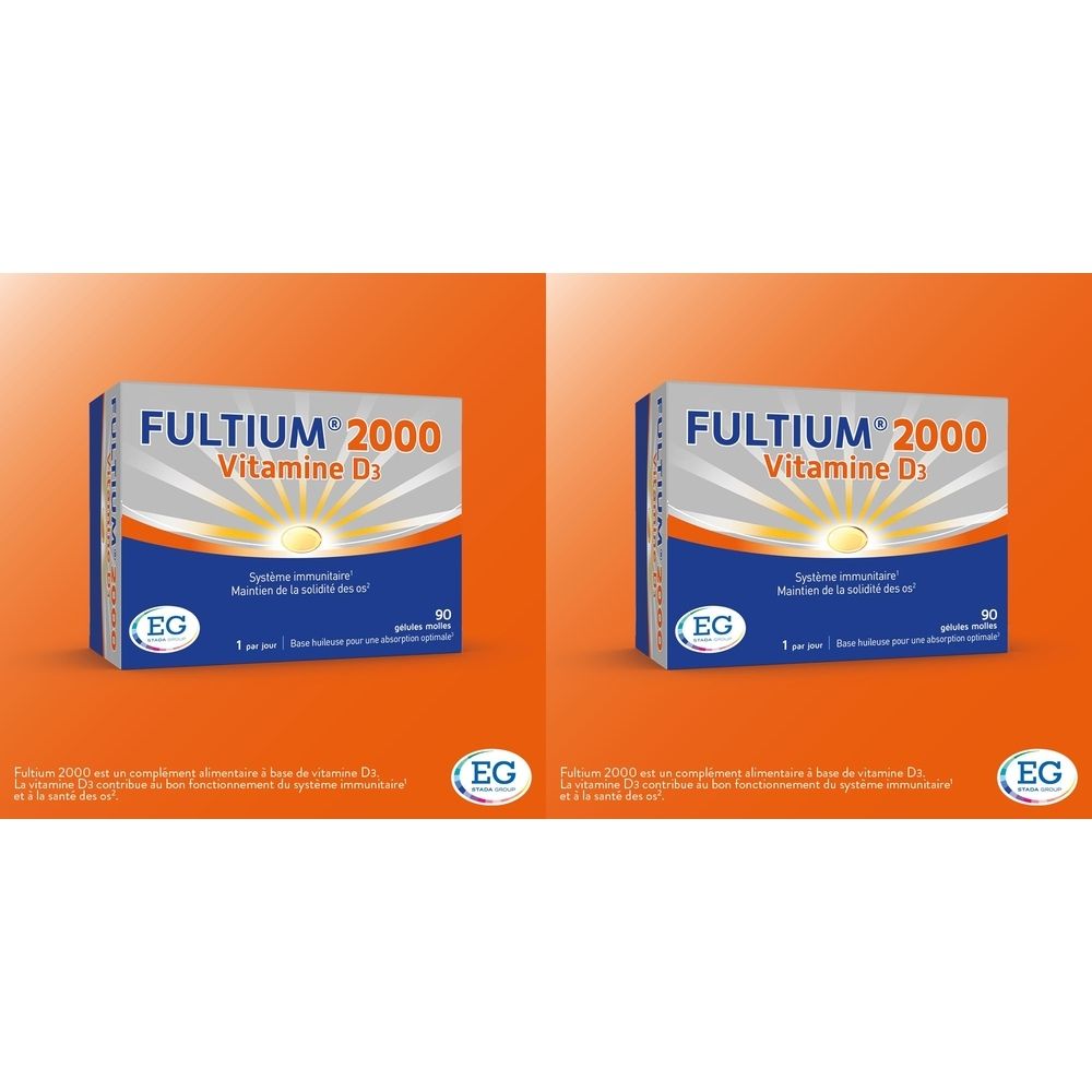 Deux boîtes de Fultium 2000 Vitamine D3, 90 gélules molles par boîte.
