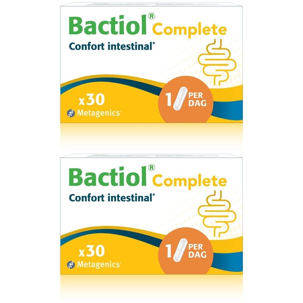 Deux boîtes de Bactiol Complete. Inscription: Confort intestinal. Accents jaunes et bleus. 30 comprimés par boîte.