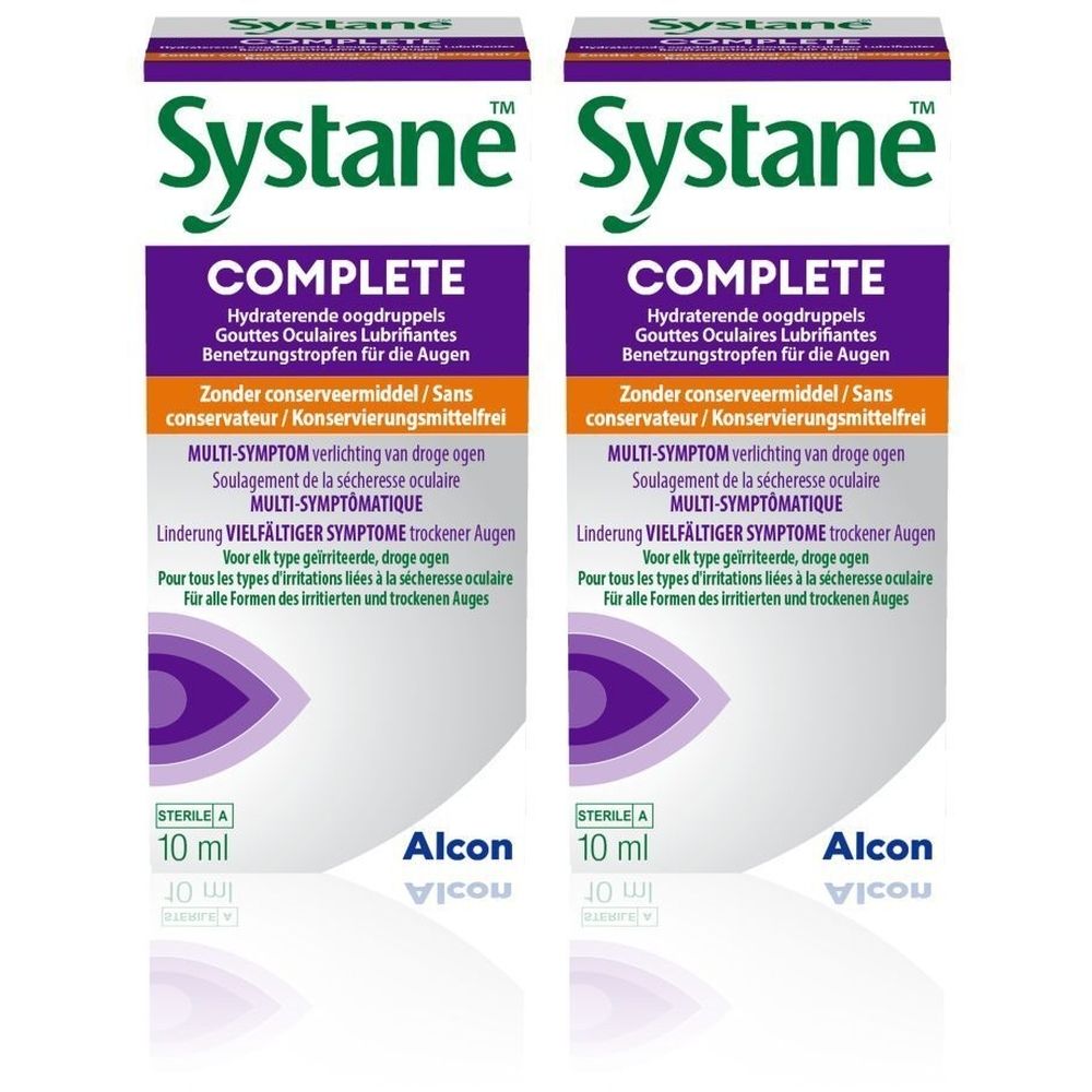 Systane Complete : Deux boîtes de gouttes oculaires, 10 ml par flacon, sans conservateurs.