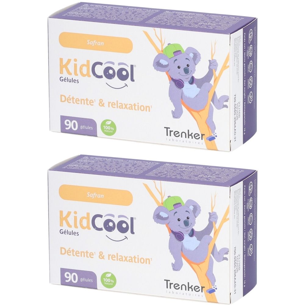 Deux boîtes de gélules KidCool. Inscription : Safran, Gélules, Détente & relaxation, 90 unités, Trenker.